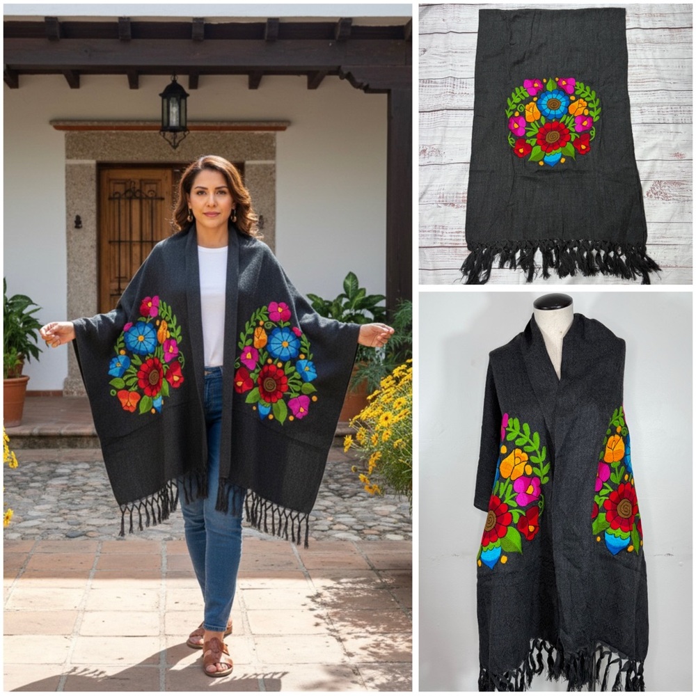 Mexican Embroidered Shawl Wrap with Colorful Zinacantan Flowers